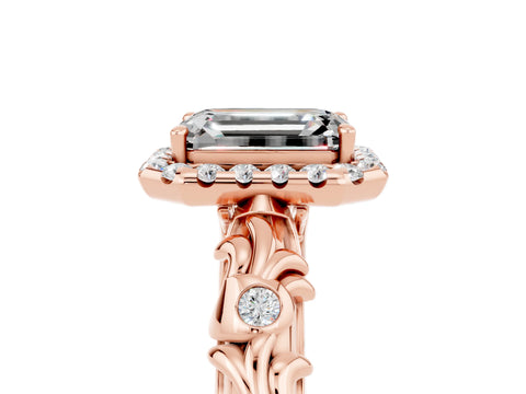 Rose gold Emerald Cut Halo Diamond Solitaire with Filigree Band and Four-Prong Setting_5