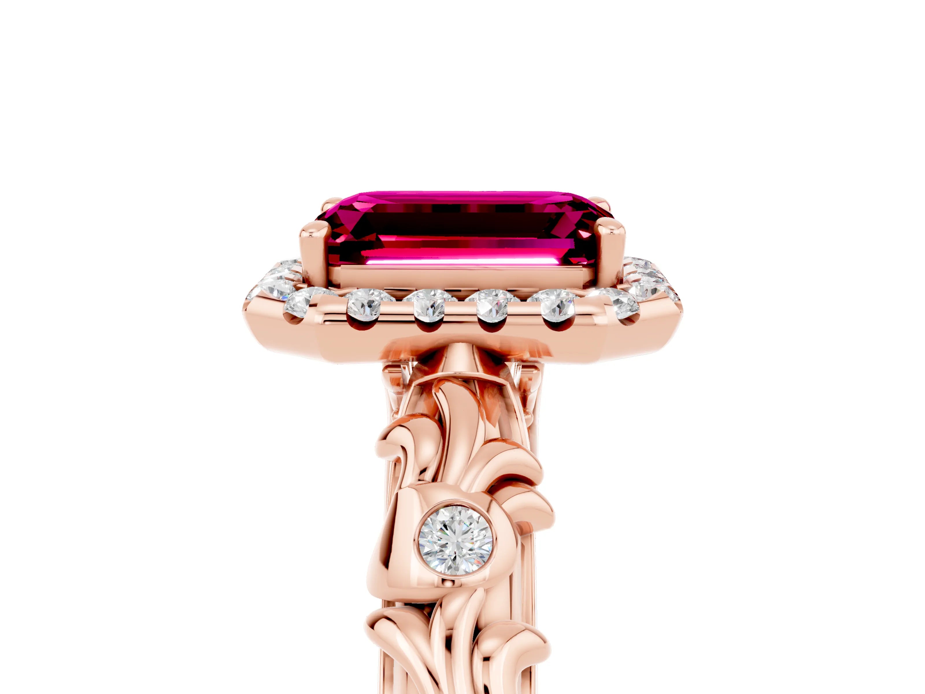 Rose gold Emerald Cut Halo Diamond Solitaire with Filigree Band and Four-Prong Setting_5