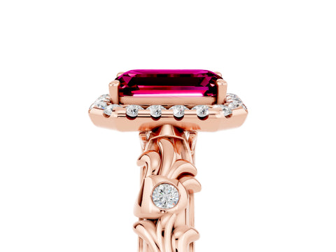 Rose gold Emerald Cut Halo Diamond Solitaire with Filigree Band and Four-Prong Setting_5