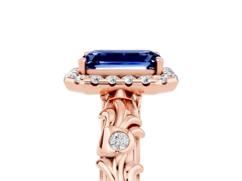 Rose gold Emerald Cut Halo Diamond Solitaire with Filigree Band and Four-Prong Setting_5