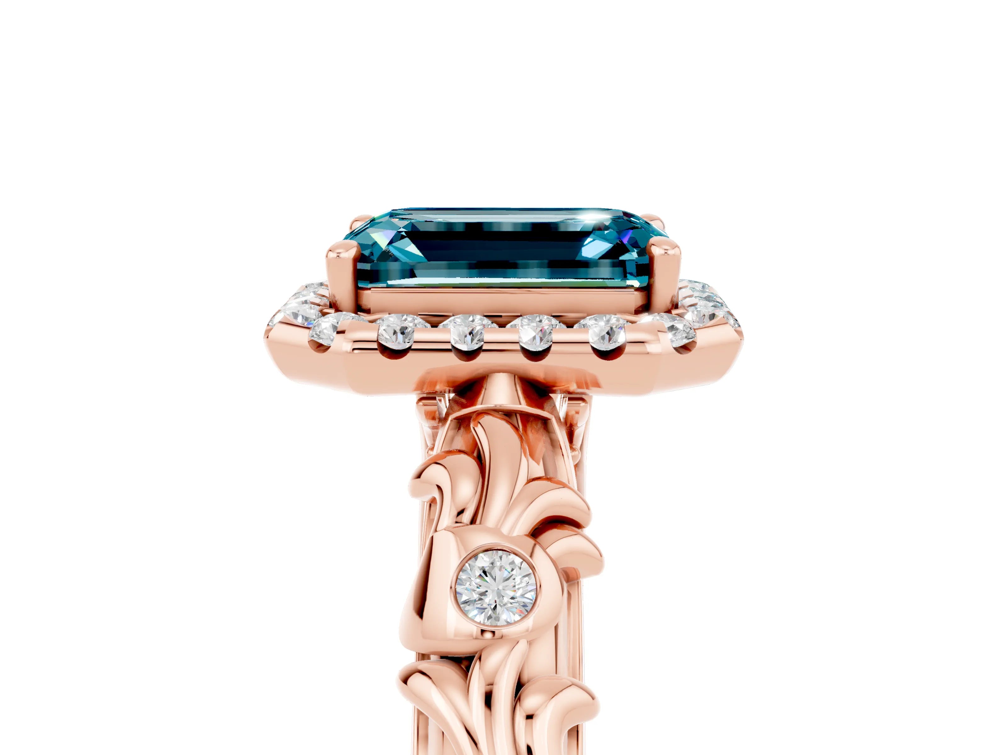 Rose gold Emerald Cut Halo Diamond Solitaire with Filigree Band and Four-Prong Setting_5