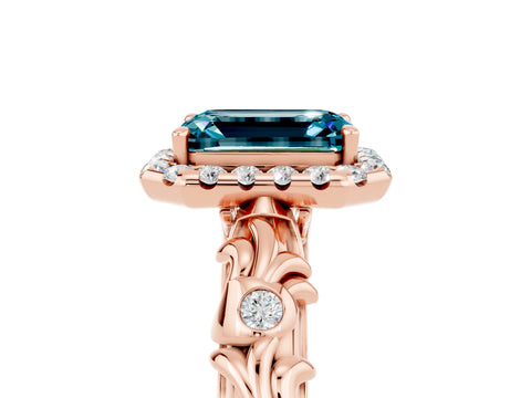 Rose gold Emerald Cut Halo Diamond Solitaire with Filigree Band and Four-Prong Setting_5