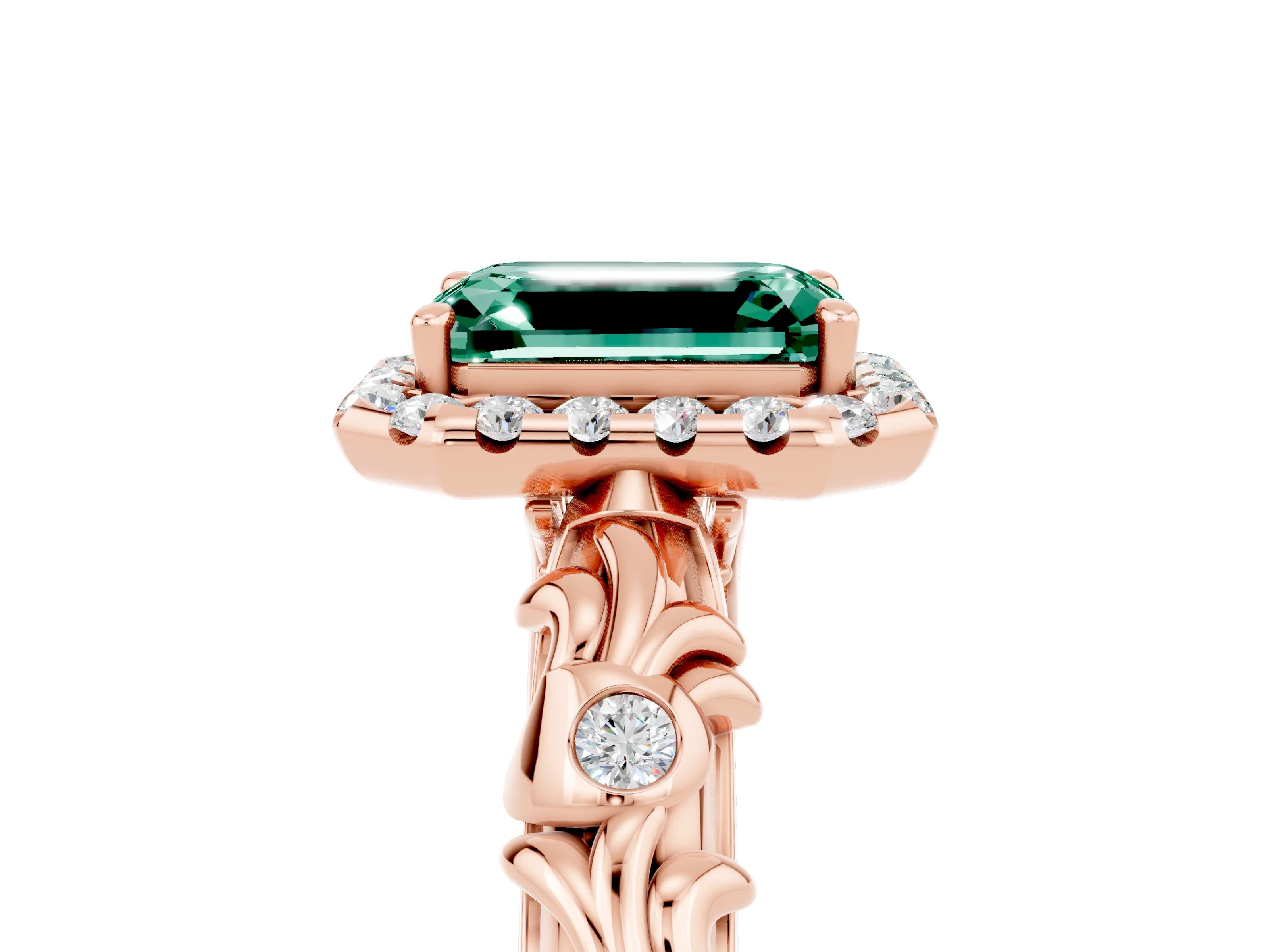 Rose gold Emerald Cut Halo Diamond Solitaire with Filigree Band and Four-Prong Setting_5