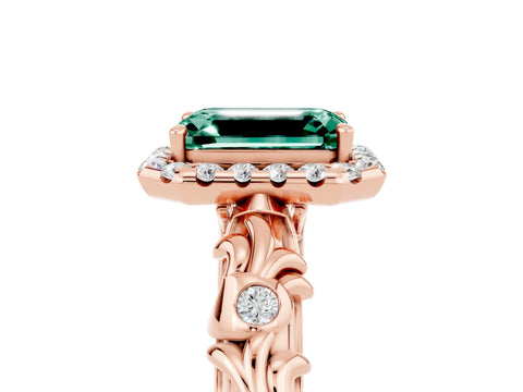 Rose gold Emerald Cut Halo Diamond Solitaire with Filigree Band and Four-Prong Setting_5