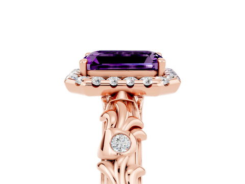 Rose gold Emerald Cut Halo Diamond Solitaire with Filigree Band and Four-Prong Setting_5