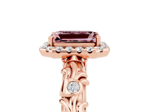 Rose gold Emerald Cut Halo Diamond Solitaire with Filigree Band and Four-Prong Setting_5
