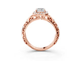 Rose gold Emerald Cut Halo Diamond Solitaire with Filigree Band and Four-Prong Setting_6