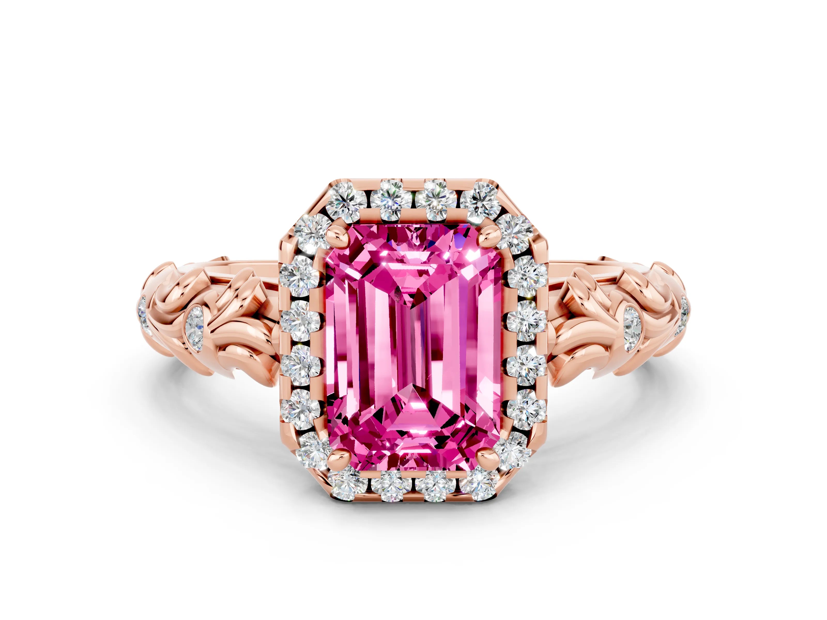 Rose gold Emerald Cut Halo Diamond Solitaire with Filigree Band and Four-Prong Setting