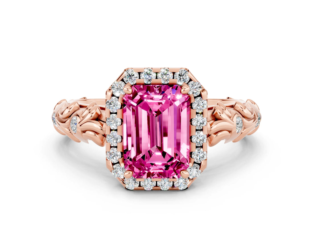 Rose gold Emerald Cut Halo Diamond Solitaire with Filigree Band and Four-Prong Setting