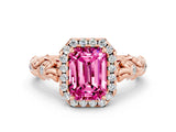 Rose gold Emerald Cut Halo Diamond Solitaire with Filigree Band and Four-Prong Setting
