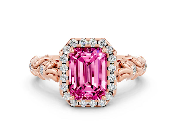 Rose gold Emerald Cut Pink Sapphire Halo Ring with Filigree Band and Prong Setting
