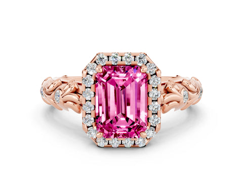 Rose gold Emerald Cut Halo Diamond Solitaire with Filigree Band and Four-Prong Setting