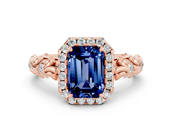 Rose gold Emerald Cut Blue Sapphire Halo Ring with Filigree Band and Prong Setting