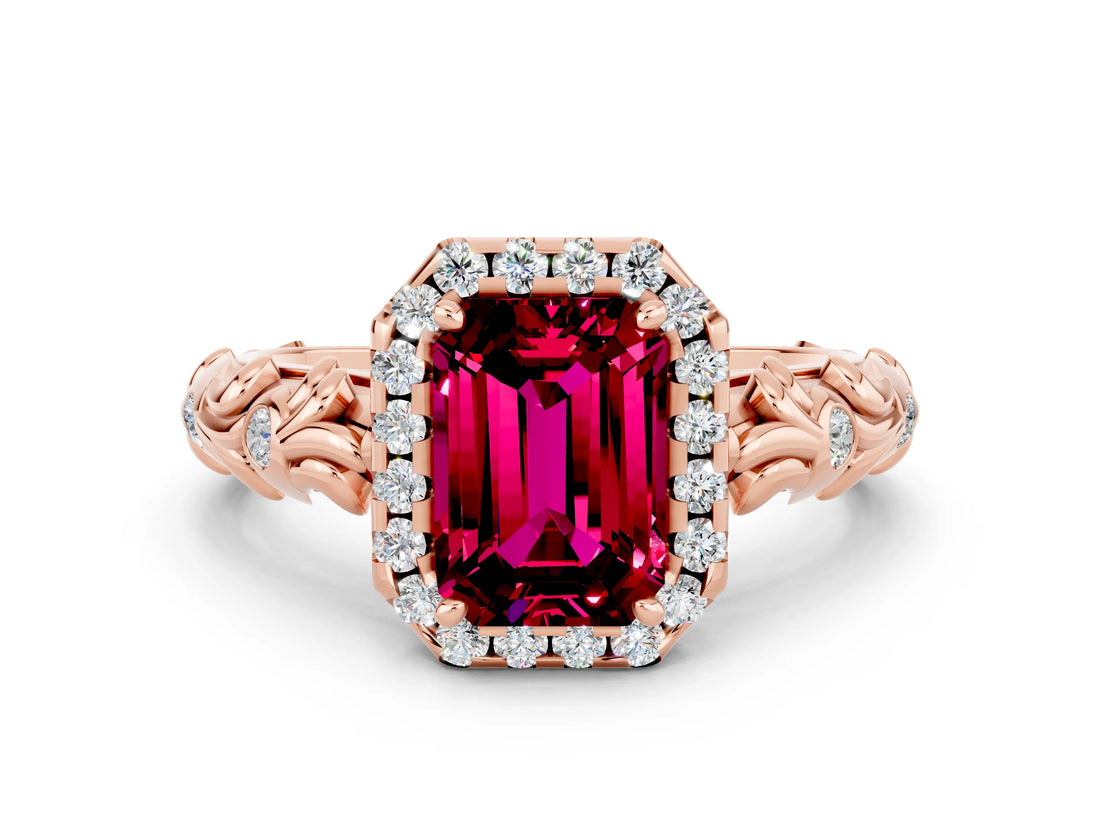 Rose gold Emerald Cut Halo Diamond Solitaire with Filigree Band and Four-Prong Setting