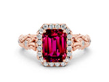 Rose gold Emerald Cut Halo Diamond Solitaire with Filigree Band and Four-Prong Setting