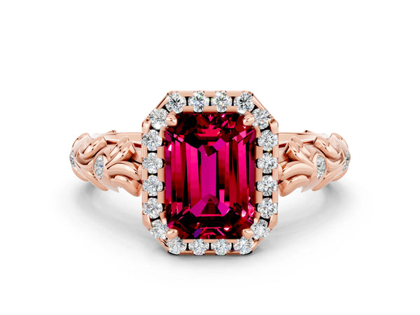 Rose gold Emerald Cut Garnet Halo Ring with Filigree Band and Prong Setting