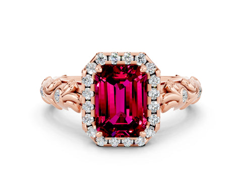 Rose gold Emerald Cut Halo Diamond Solitaire with Filigree Band and Four-Prong Setting