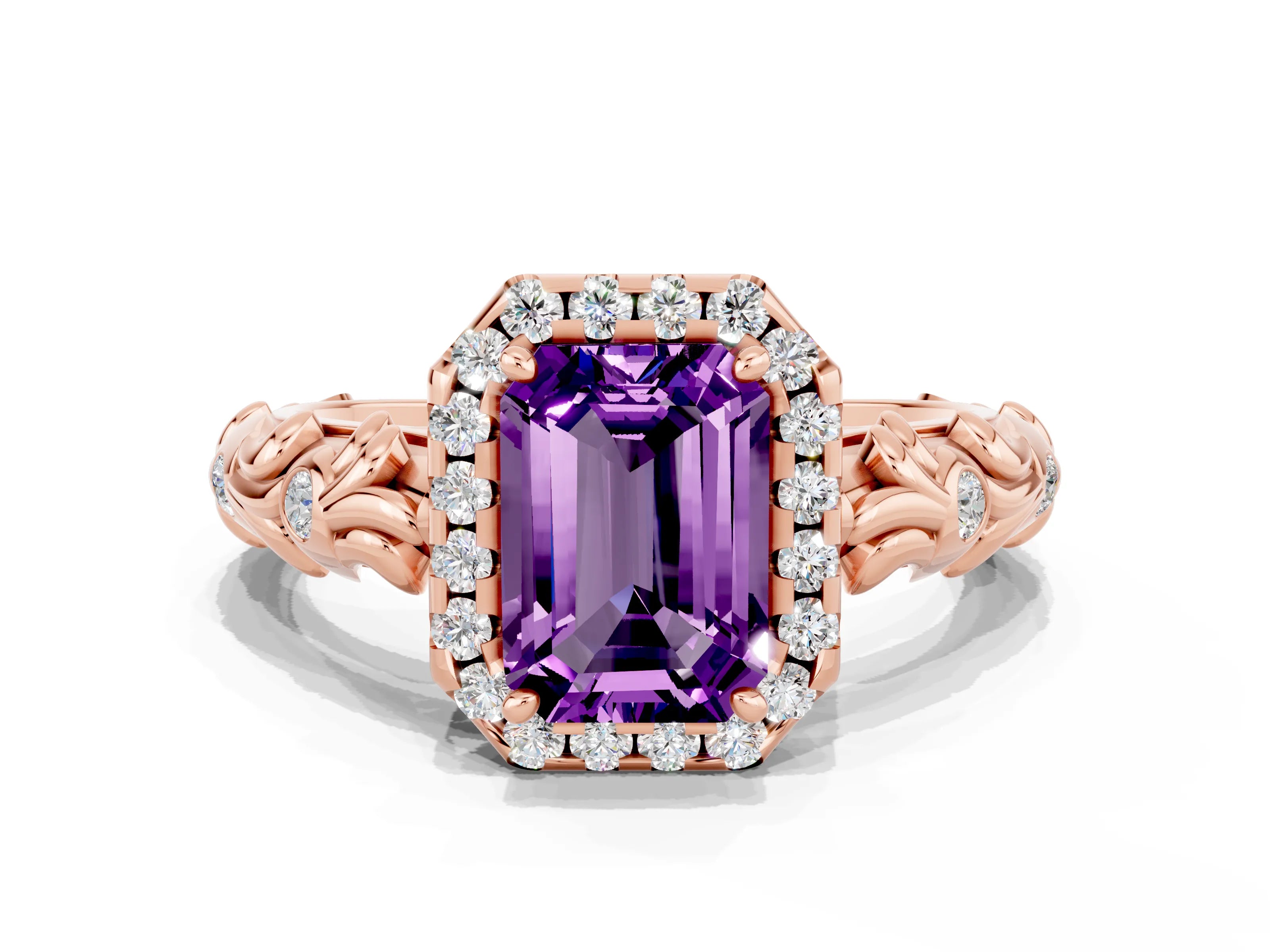 Rose gold Emerald Cut Halo Diamond Solitaire with Filigree Band and Four-Prong Setting