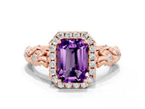 Rose gold Emerald Cut Halo Diamond Solitaire with Filigree Band and Four-Prong Setting