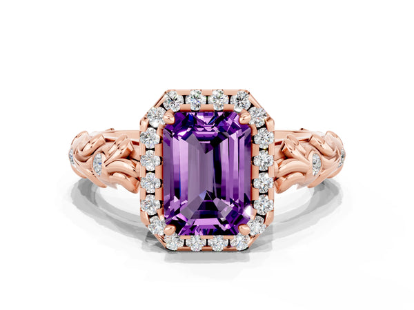 Rose gold Emerald Cut Amethyst Halo Ring with Filigree Band and Prong Setting