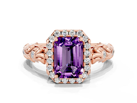 Rose gold Emerald Cut Halo Diamond Solitaire with Filigree Band and Four-Prong Setting