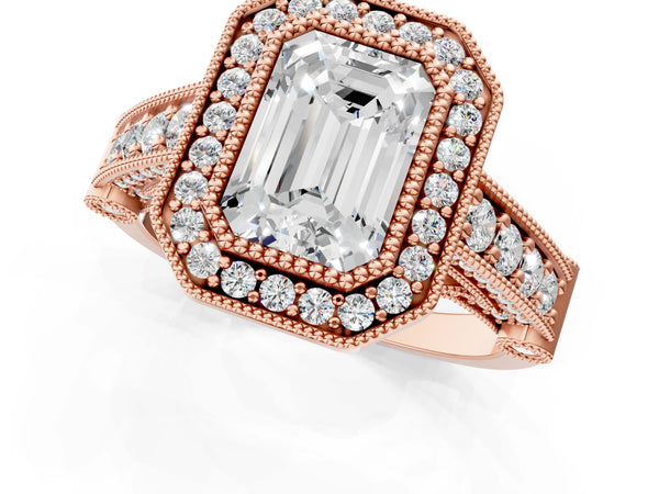 Rose Gold Emerald Cut Vintage Bezel Halo Engagement Ring Setting