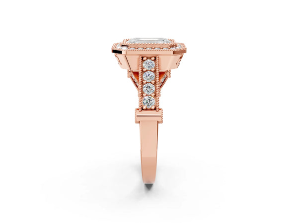 Rose Gold Emerald Cut Vintage Bezel Halo Engagement Ring Setting