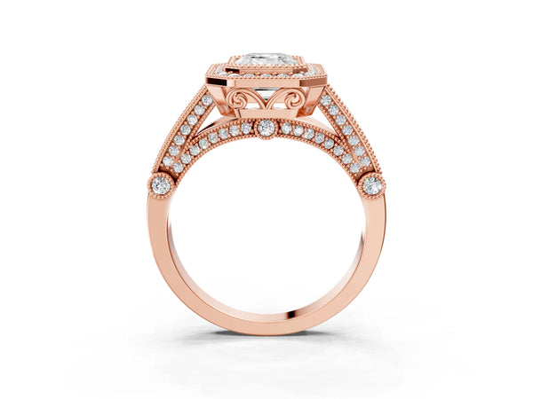 Rose Gold Emerald Cut Vintage Bezel Halo Engagement Ring Setting