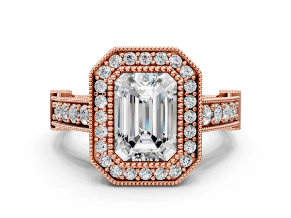Rose Gold Emerald Cut Vintage Bezel Halo Engagement Ring Setting