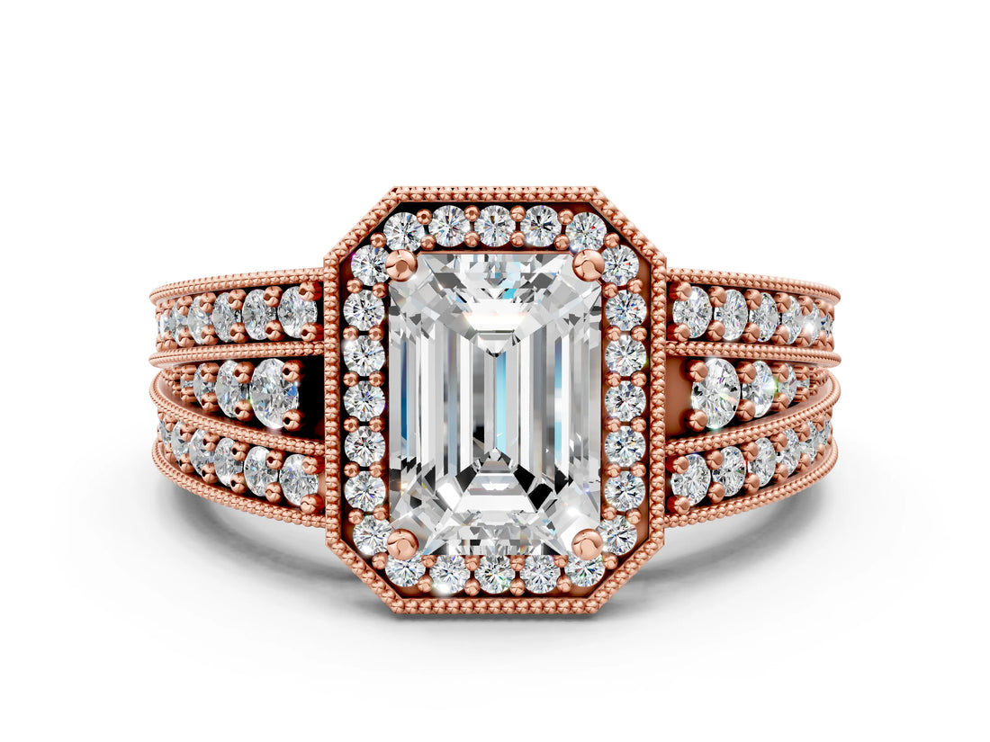 Rose gold Emerald Cut Halo Diamond Split Shank Ring with Prong Setting_27