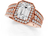 Rose gold Emerald Cut Halo Diamond Split Shank Ring with Prong Setting_28