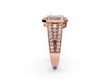 Rose gold Emerald Cut Halo Diamond Split Shank Ring with Prong Setting_29