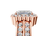 Rose gold Emerald Cut Halo Diamond Split Shank Ring with Scalloped Prong Setting_12