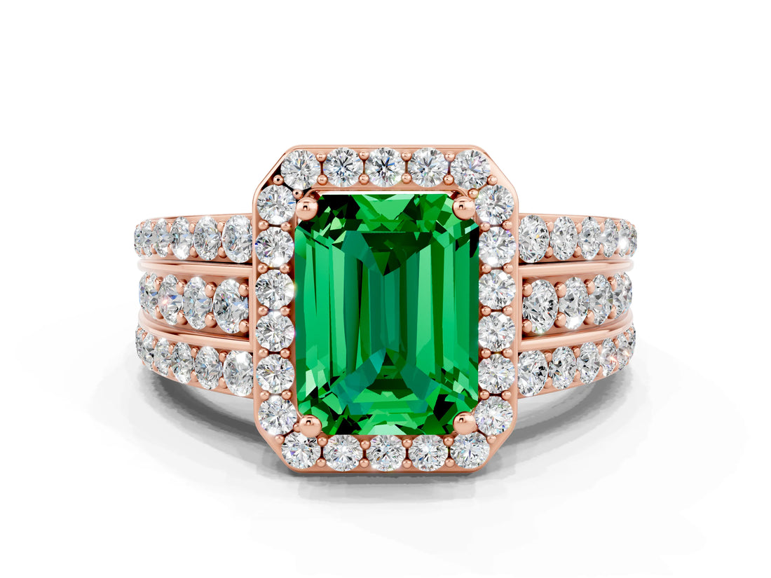 Rose gold Emerald Cut Halo Emerald Ring with Split Shank and Four-Prong Setting