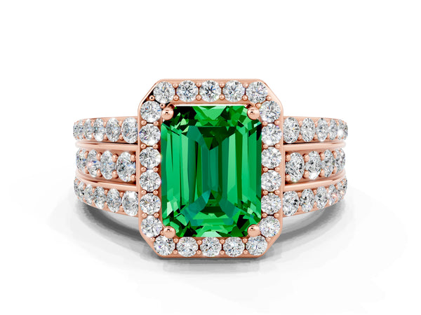 Rose gold Emerald Cut Halo Emerald Ring with Round  Split Shank and Prong Setting