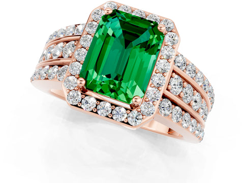 Rose gold Emerald Cut Halo Emerald Ring with Split Shank and Four-Prong Setting_1