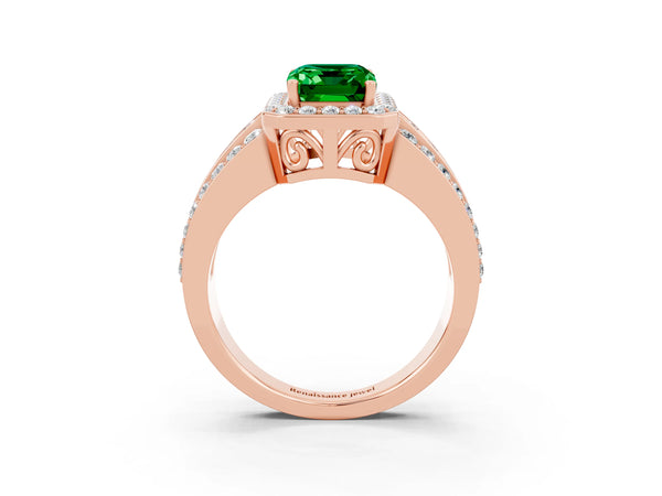 Rose gold Emerald Cut Halo Emerald Ring with Round  Split Shank and Prong Setting