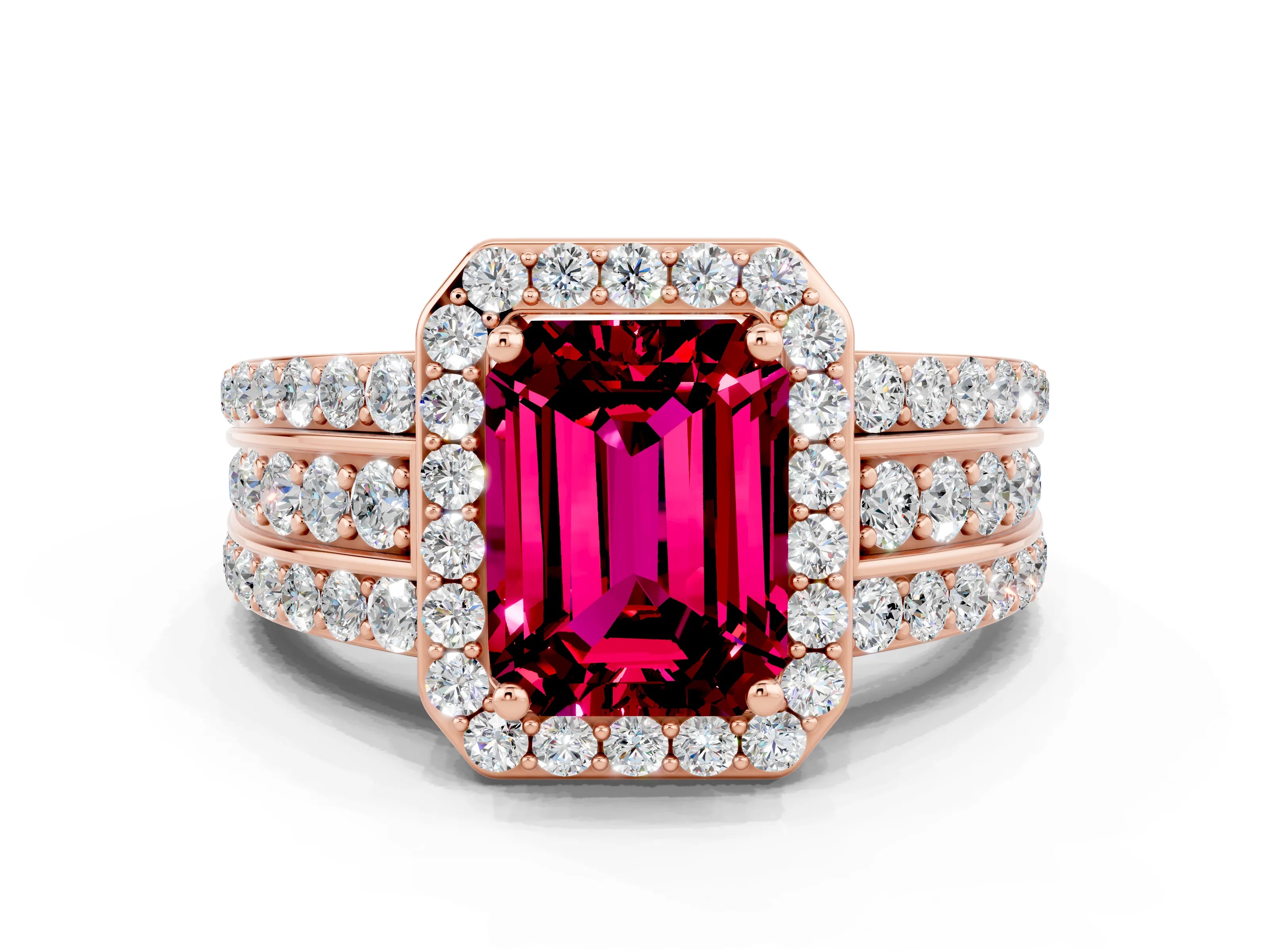 Rose gold Emerald Cut Halo Garnet Ring with Split Shank and Four-Prong Setting