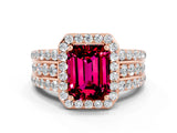 Rose gold Emerald Cut Halo Garnet Ring with Split Shank and Four-Prong Setting