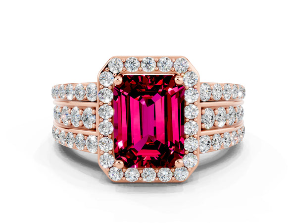 Rose gold Emerald Cut Halo Garnet Ring with Round  Split Shank and Prong Setting