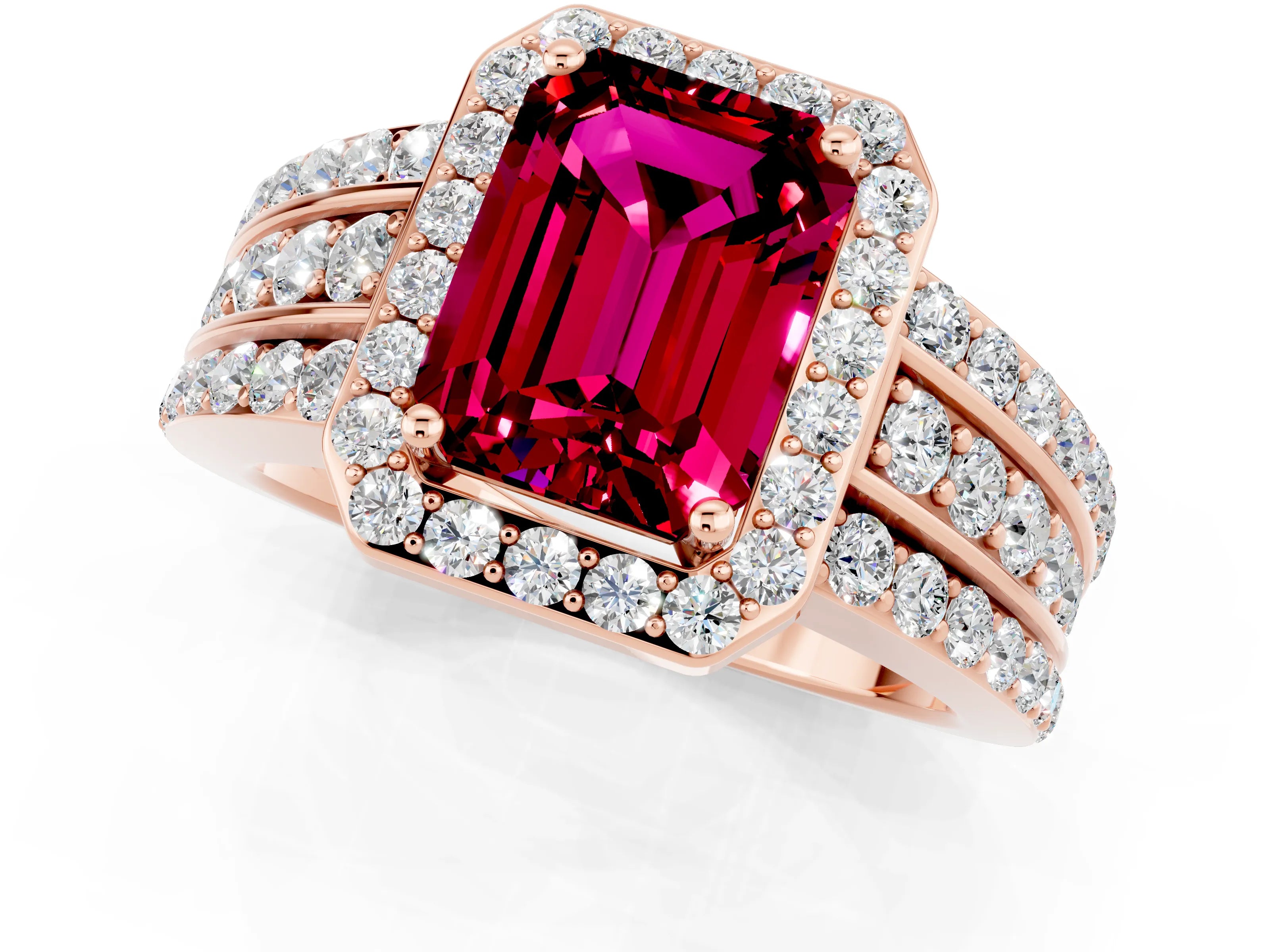Rose gold Emerald Cut Halo Garnet Ring with Split Shank and Four-Prong Setting_1