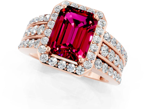 Rose gold Emerald Cut Halo Garnet Ring with Round  Split Shank and Prong Setting