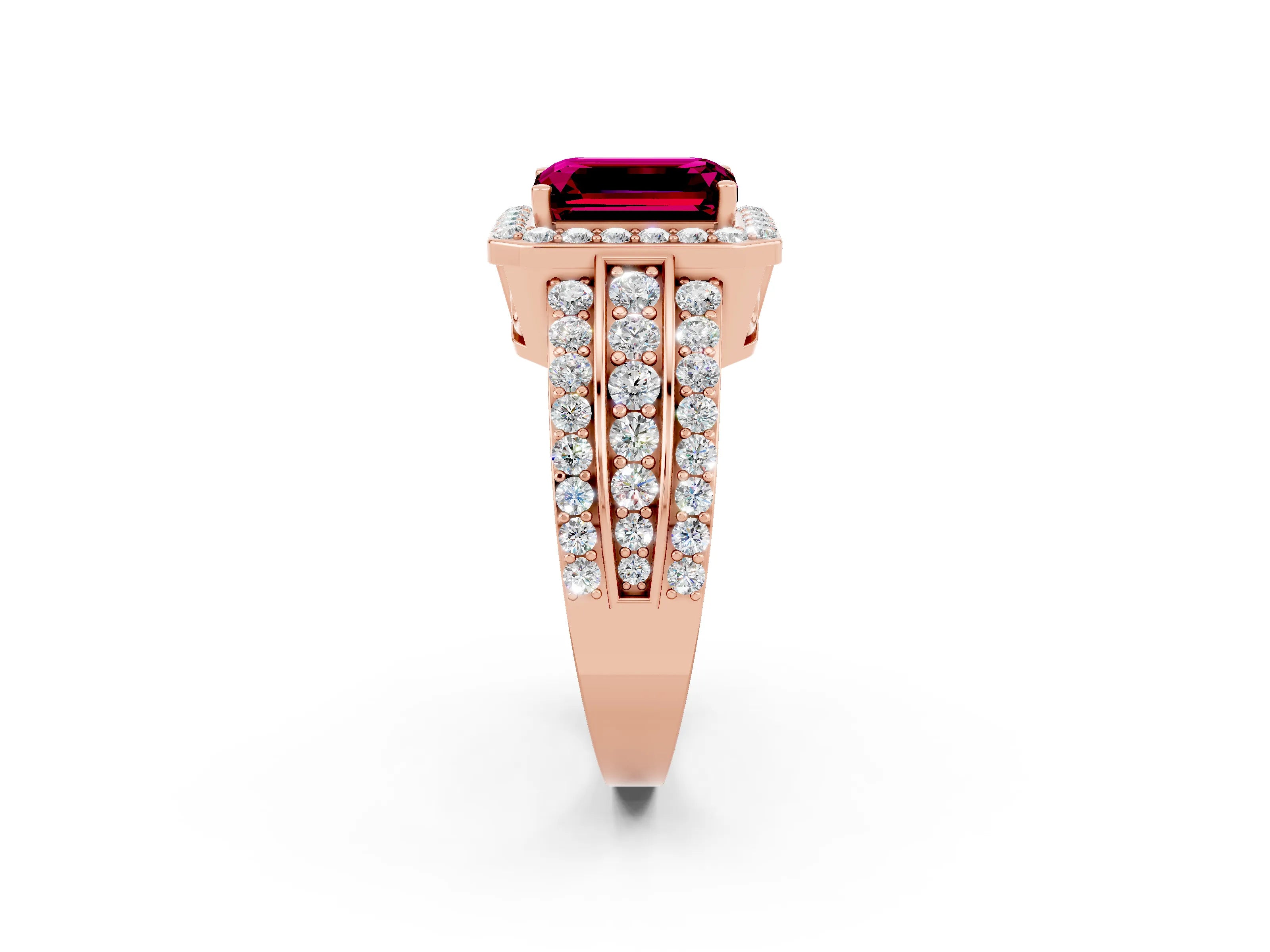 Rose gold Emerald Cut Halo Garnet Ring with Split Shank and Four-Prong Setting_2