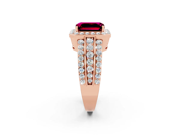 Rose gold Emerald Cut Halo Garnet Ring with Round  Split Shank and Prong Setting