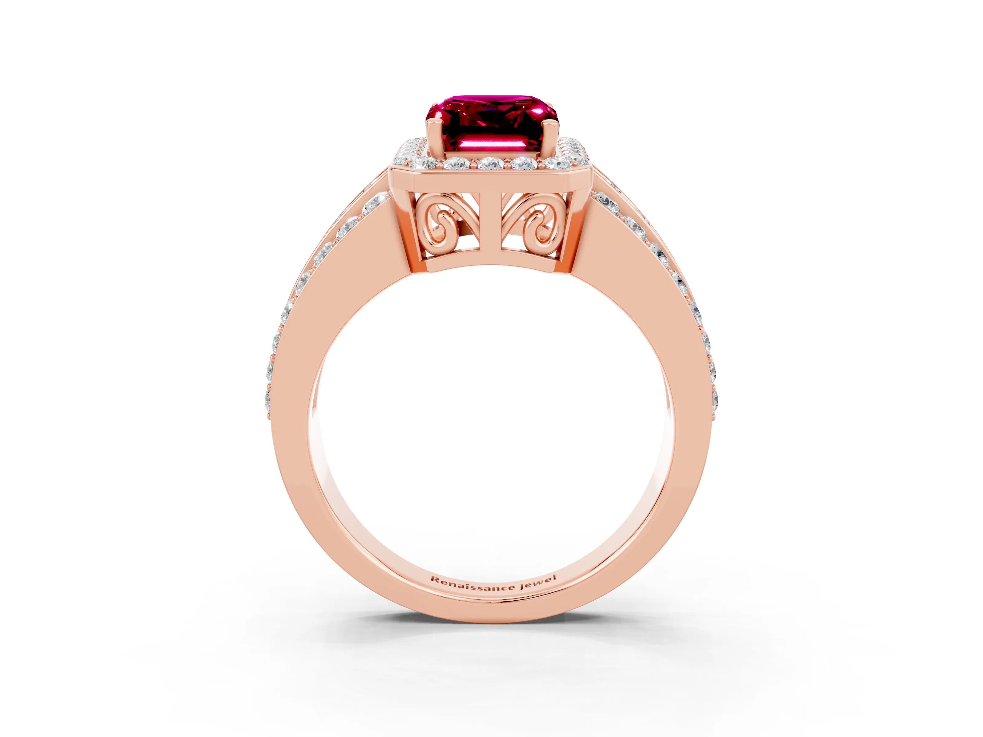 Rose gold Emerald Cut Halo Garnet Ring with Split Shank and Four-Prong Setting_3