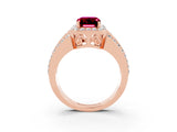 Rose gold Emerald Cut Halo Garnet Ring with Split Shank and Four-Prong Setting_3