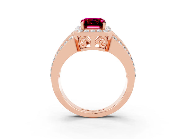 Rose gold Emerald Cut Halo Garnet Ring with Round  Split Shank and Prong Setting
