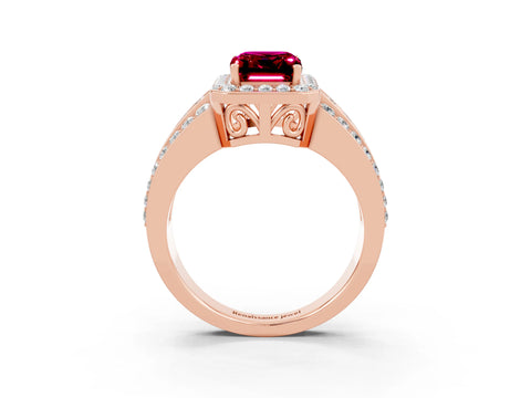 Rose gold Emerald Cut Halo Garnet Ring with Split Shank and Four-Prong Setting_3