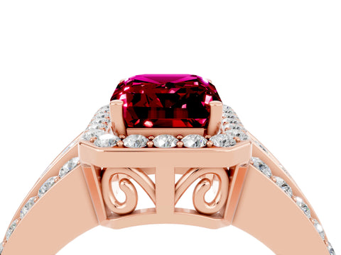 Rose gold Emerald Cut Halo Garnet Ring with Split Shank and Four-Prong Setting_4