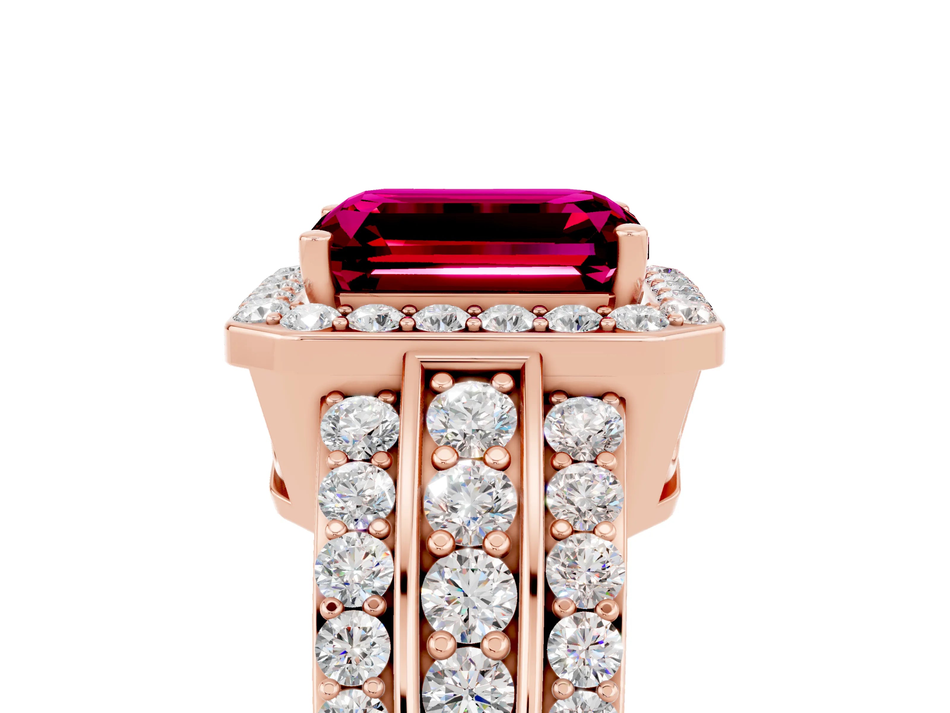 Rose gold Emerald Cut Halo Garnet Ring with Split Shank and Four-Prong Setting_5